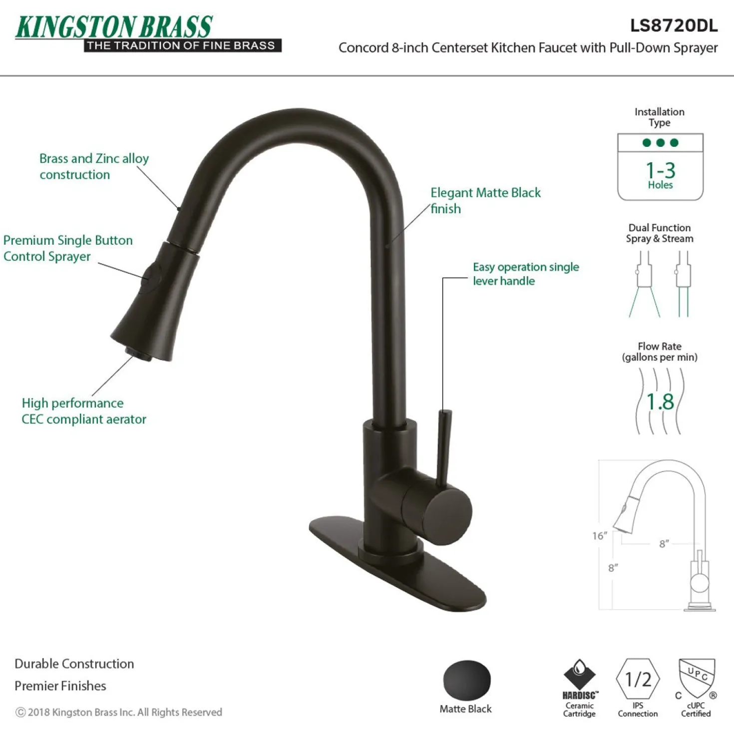Kingston Brass Gourmetier Concord Deck Mount Single-Handle Pull-Down Kitchen Faucet