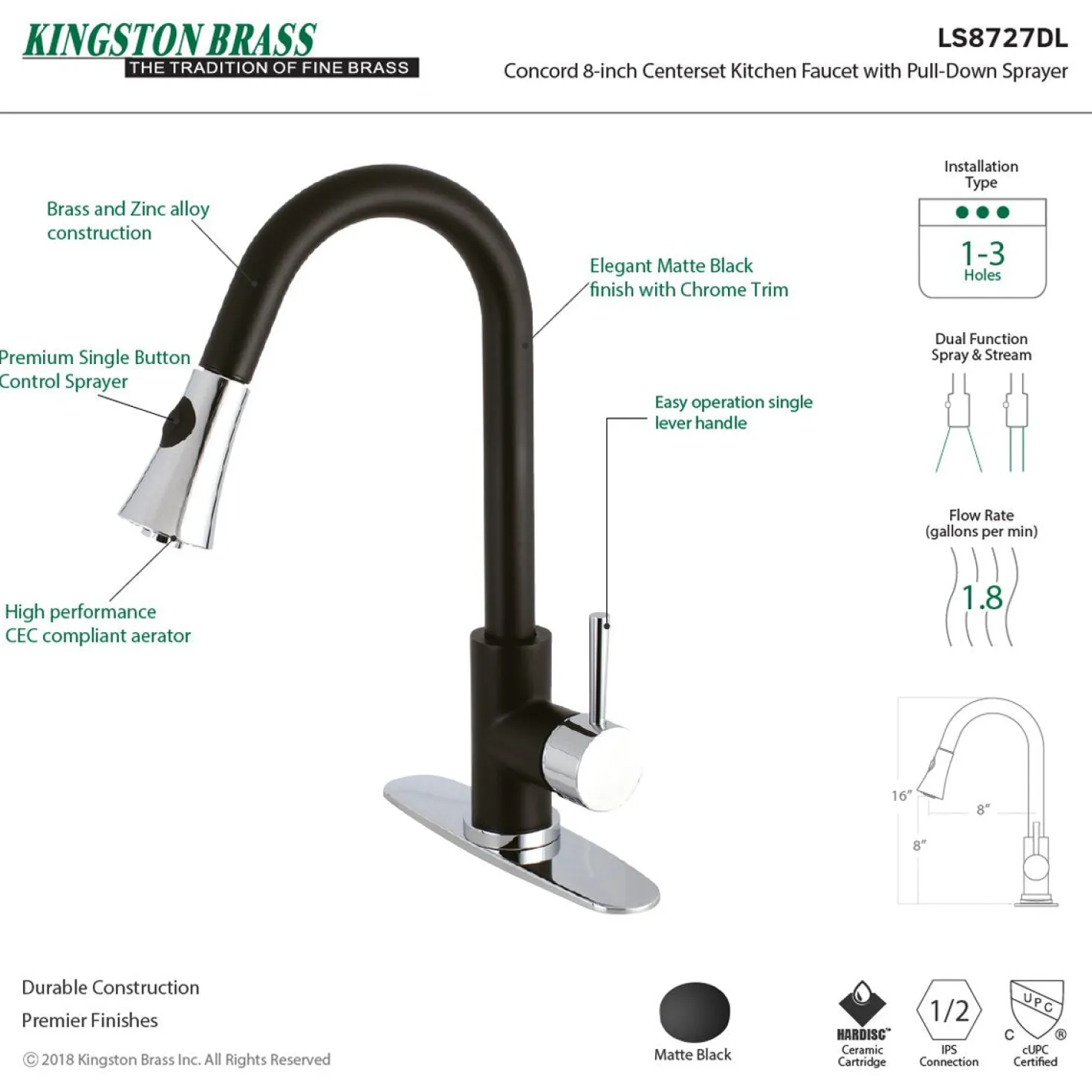 Kingston Brass Gourmetier Concord Deck Mount Single-Handle Pull-Down Kitchen Faucet