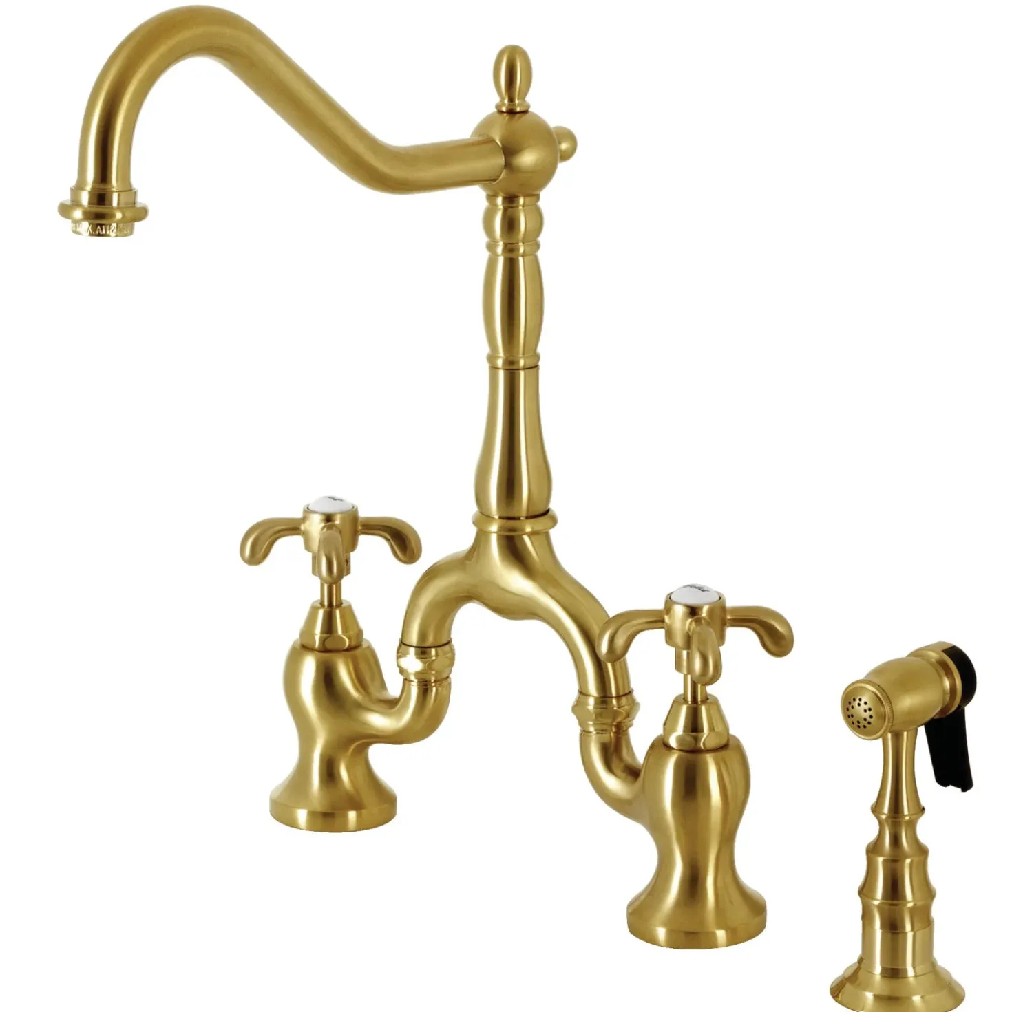 Kingston Brass Heirloom French Country Two-Handle 3-Hole Deck Mount Bridge Kitchen Faucet with Brass Sprayer