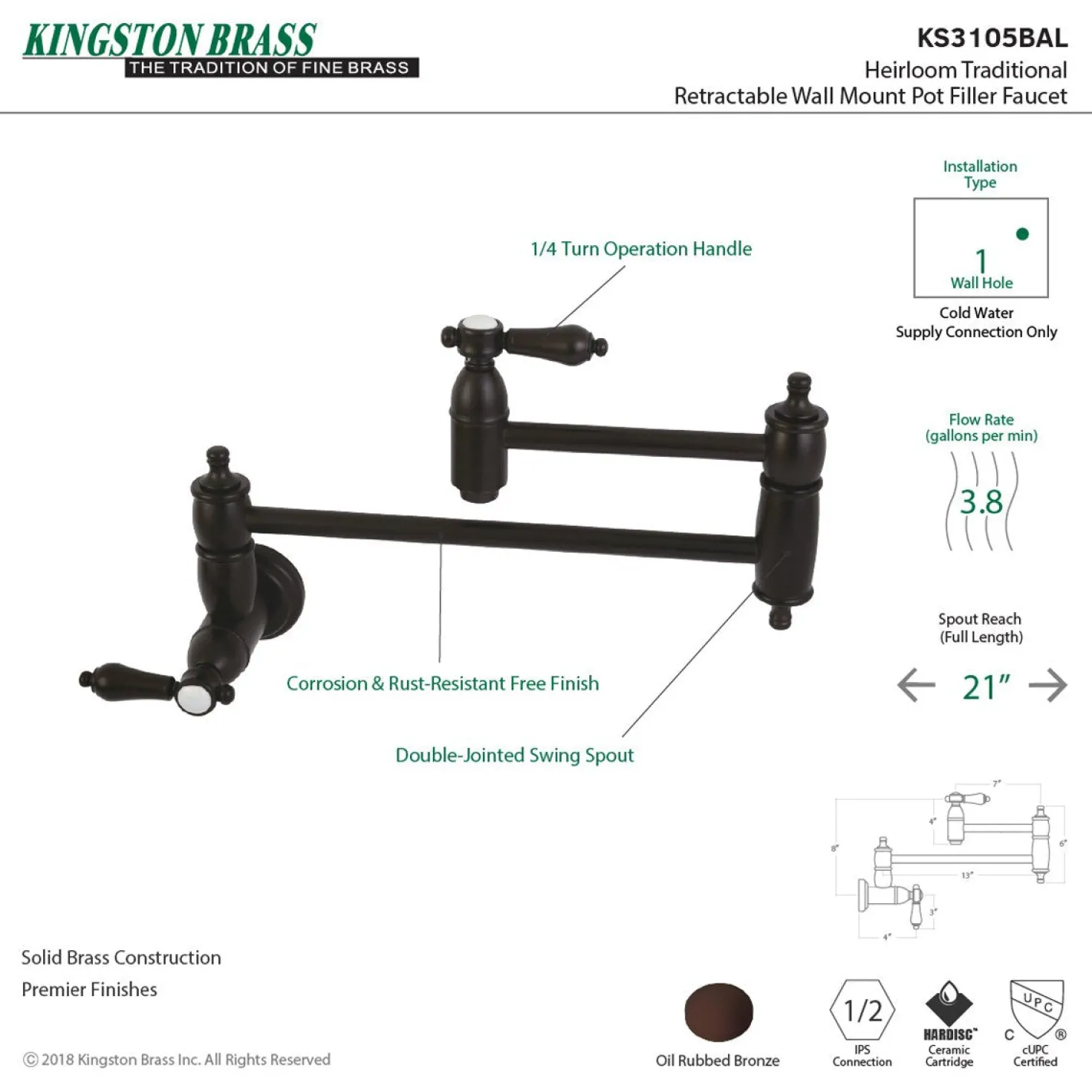 Kingston Brass Heirloom Wall Mount Pot Filler Kitchen Faucet