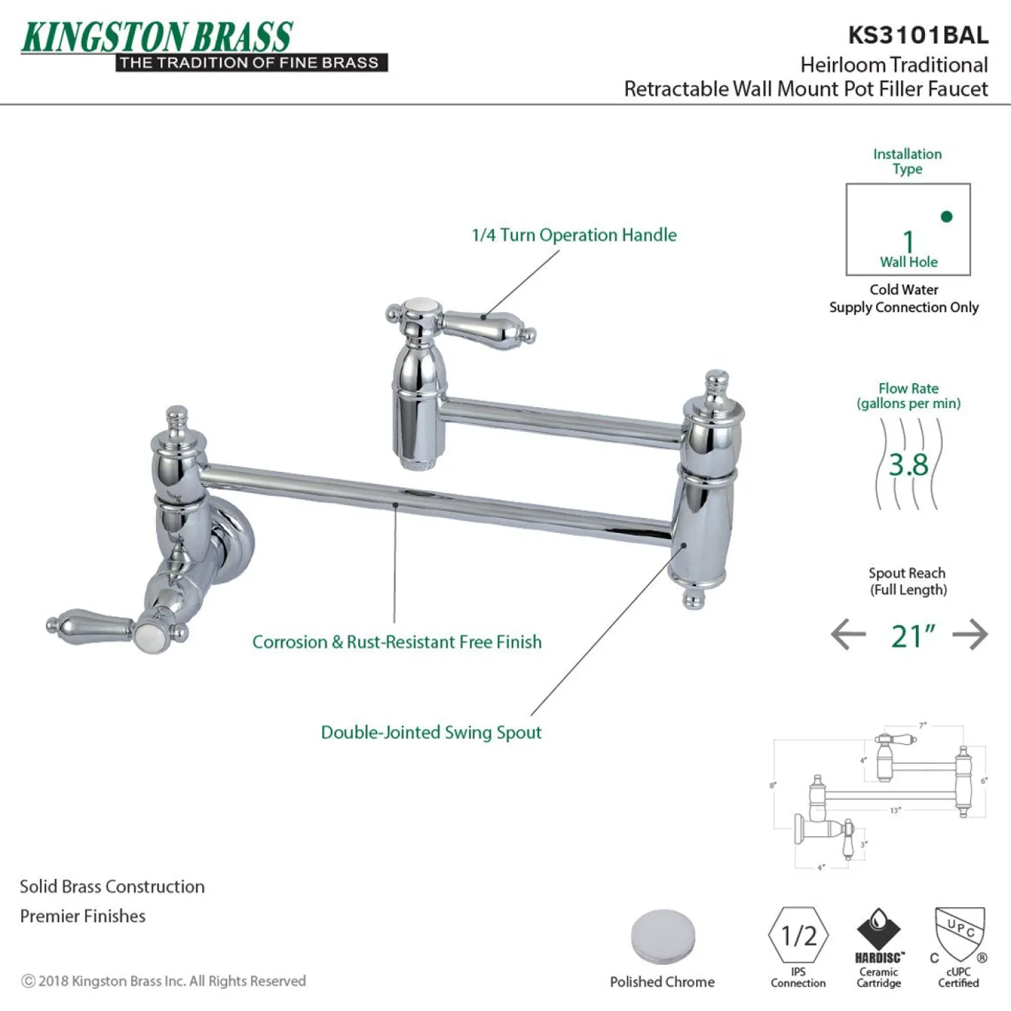 Kingston Brass Heirloom Wall Mount Pot Filler Kitchen Faucet