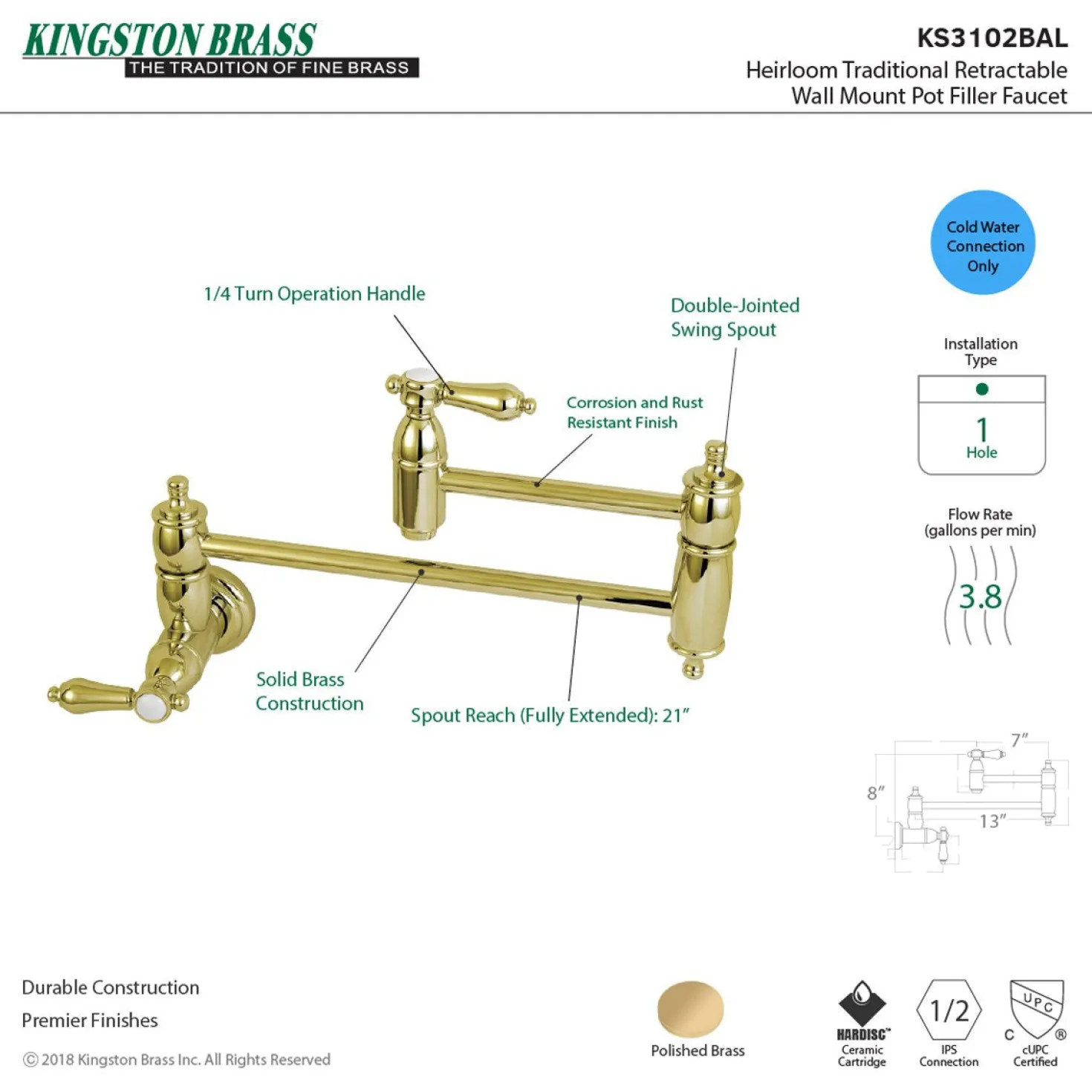 Kingston Brass Heirloom Wall Mount Pot Filler Kitchen Faucet