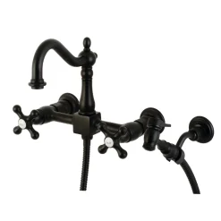 Kingston Brass Heritage 8" Centerset Wall Mount Kitchen Faucet with Brass Sprayer
