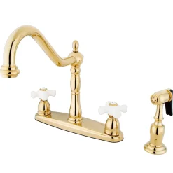 Kingston Brass Heritage 8" Center Two Handle Deck Mount Kitchen Faucet with Brass Sprayer