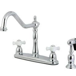 Kingston Brass Heritage 8" Center Two Handle Deck Mount Kitchen Faucet with Brass Sprayer