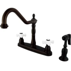 Kingston Brass Heritage 8" Center Kitchen Faucet with Brass Sprayer and Porcelain Cross Handle