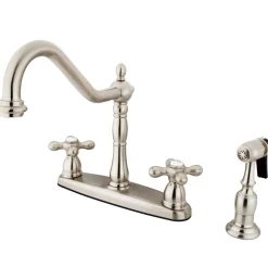 Kingston Brass Heritage 8" Center Kitchen Faucet with Brass Sprayer and Cross Handle