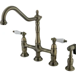 Kingston Brass Heritage Deck Mount 8-Inch Bridge Kitchen Faucet with Brass Sprayer