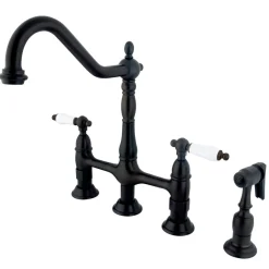 Kingston Brass Heritage Deck Mount 8-Inch Bridge Kitchen Faucet with Brass Sprayer