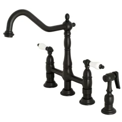 Kingston Brass Heritage Deck Mount 8-Inch Bridge Kitchen Faucet with Brass Sprayer