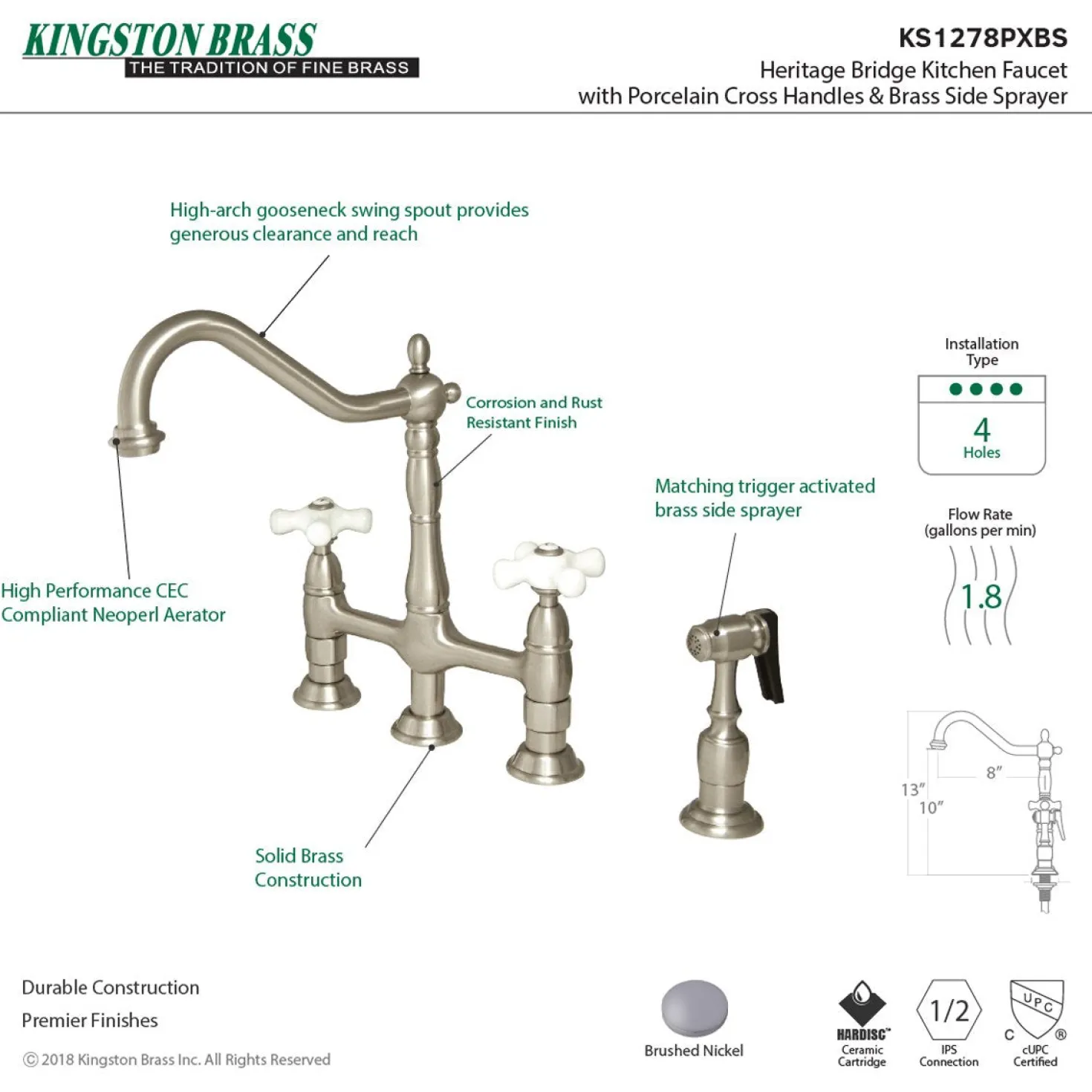 Kingston Brass Heritage Deck Mount 8" Bridge Kitchen Faucet with Brass Sprayer
