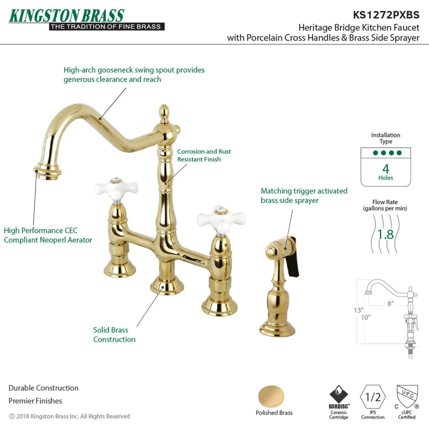 Kingston Brass Heritage Deck Mount 8" Bridge Kitchen Faucet with Brass Sprayer