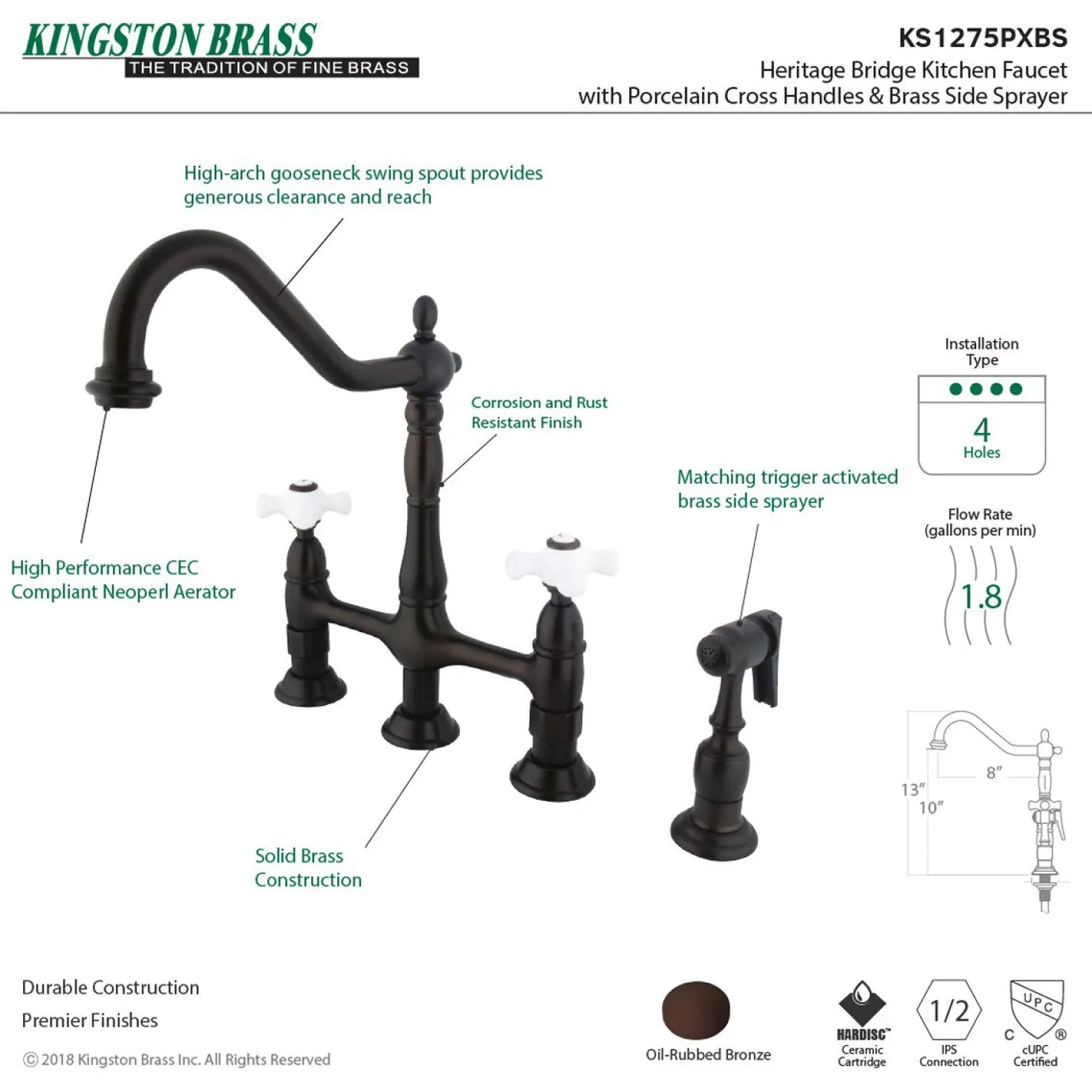 Kingston Brass Heritage Deck Mount 8" Bridge Kitchen Faucet with Brass Sprayer