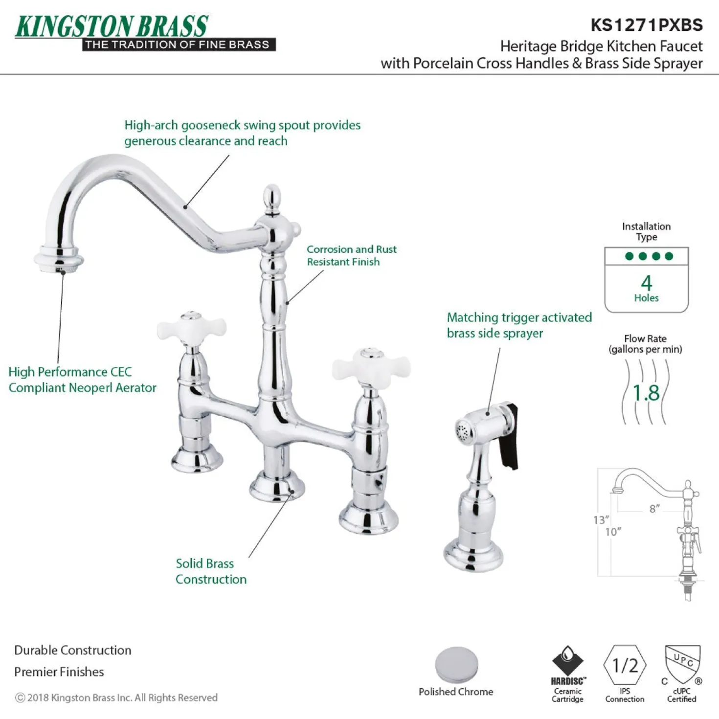 Kingston Brass Heritage Deck Mount 8" Bridge Kitchen Faucet with Brass Sprayer