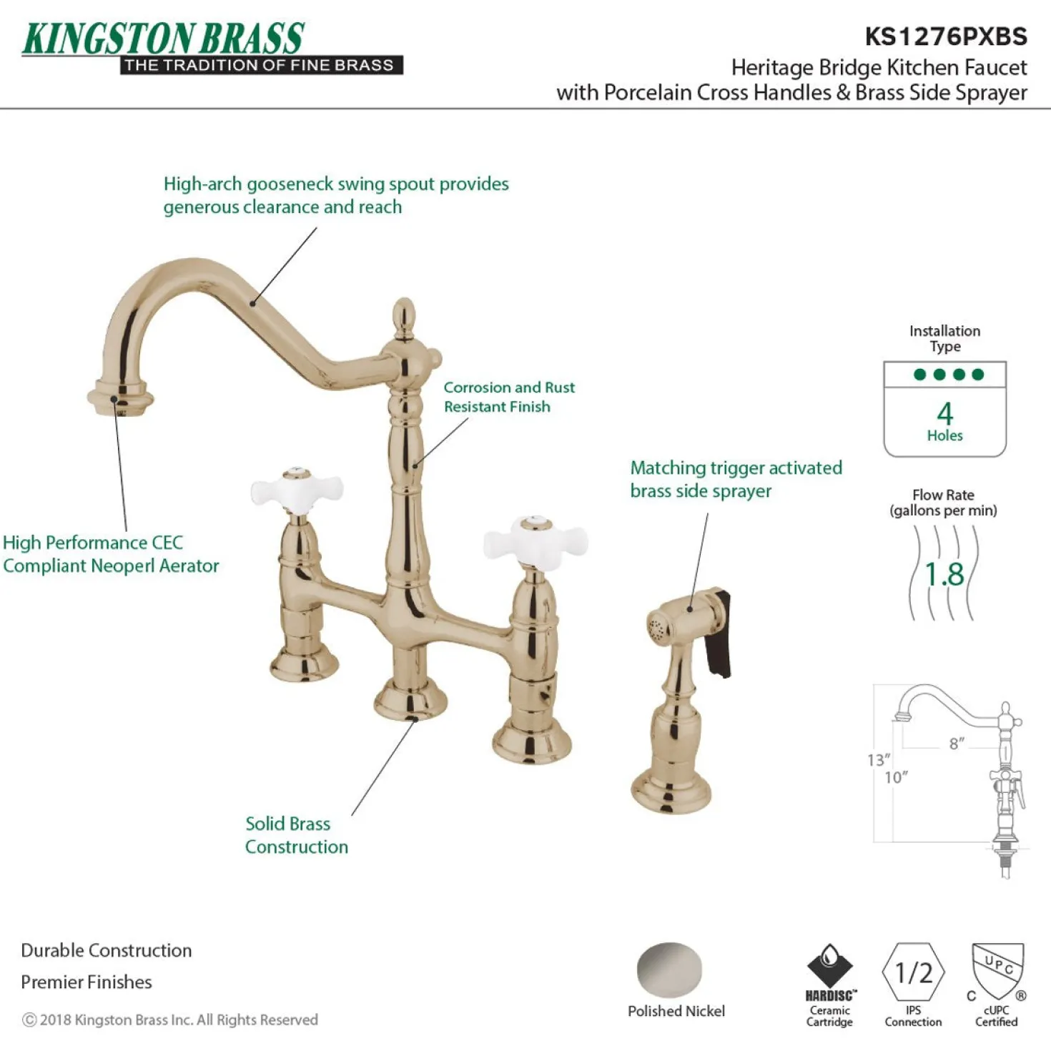 Kingston Brass Heritage Deck Mount 8" Bridge Kitchen Faucet with Brass Sprayer