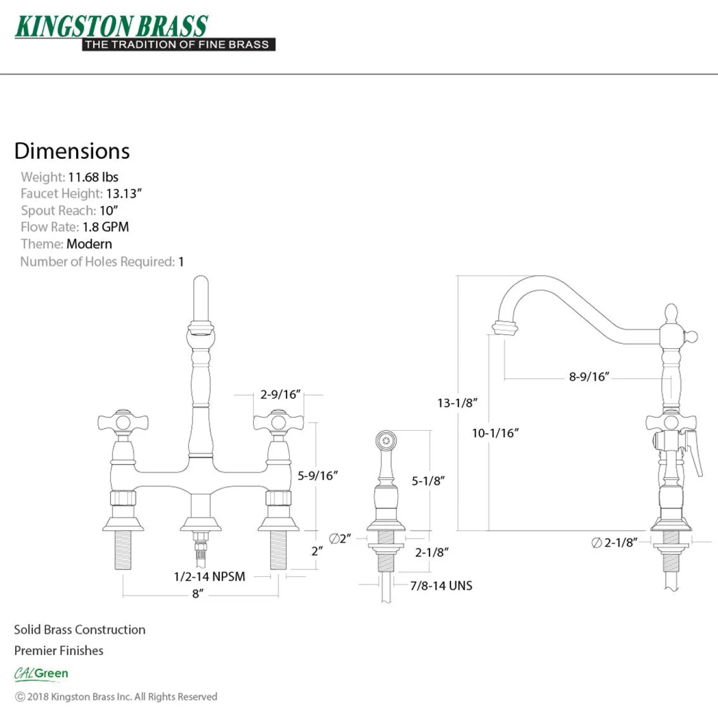 Kingston Brass Heritage Deck Mount 8" Bridge Kitchen Faucet with Brass Sprayer