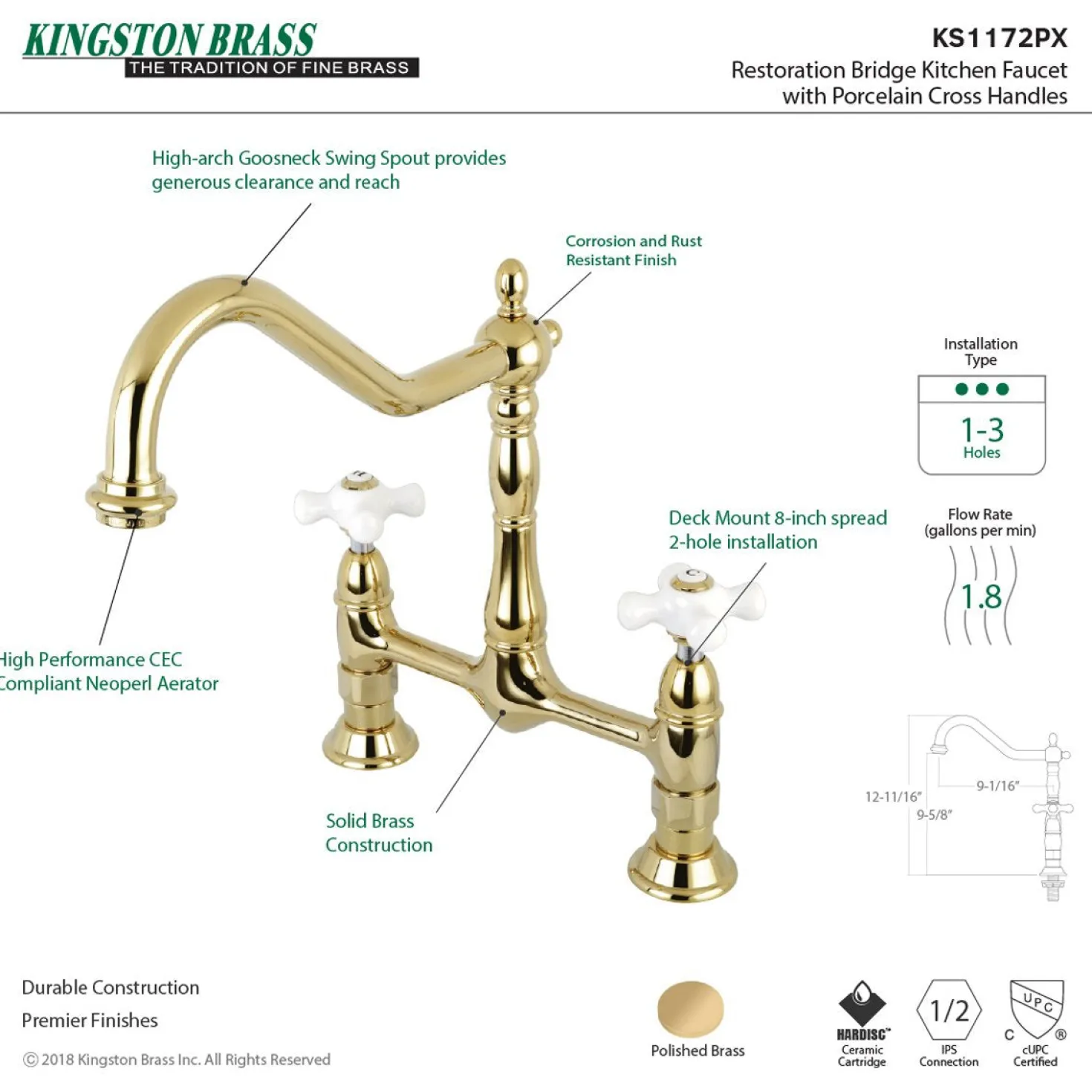 Kingston Brass Heritage Deck Mount 2-Hole Kitchen Bridge Faucet
