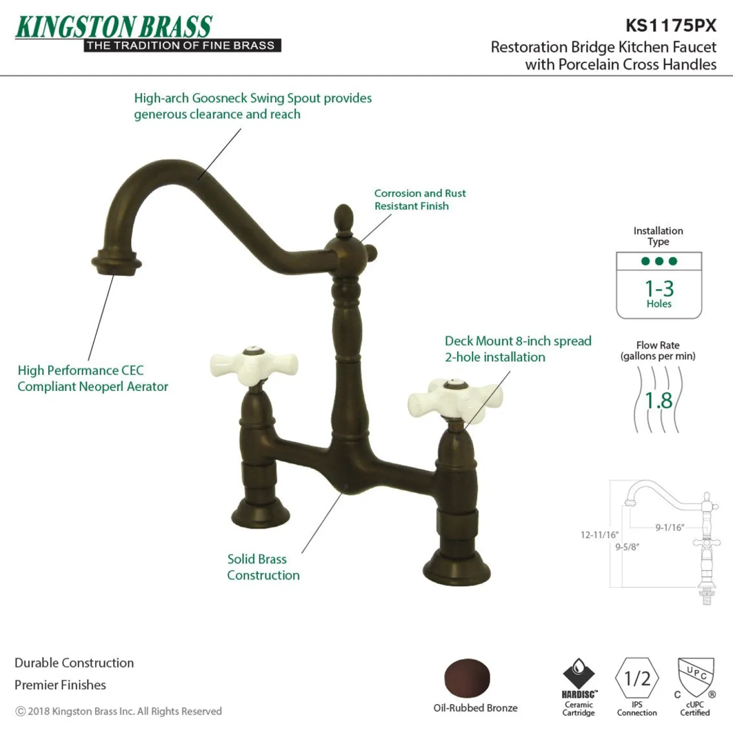 Kingston Brass Heritage Deck Mount 2-Hole Kitchen Bridge Faucet