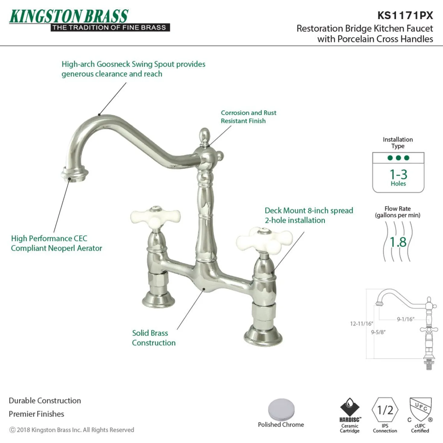 Kingston Brass Heritage Deck Mount 2-Hole Kitchen Bridge Faucet