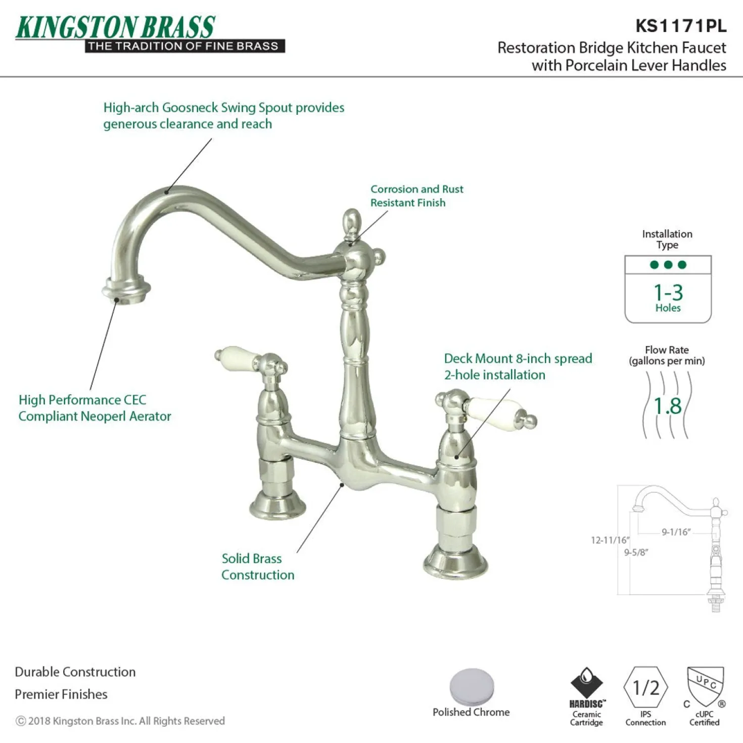 Kingston Brass Heritage Deck Mount Kitchen Bridge Faucet
