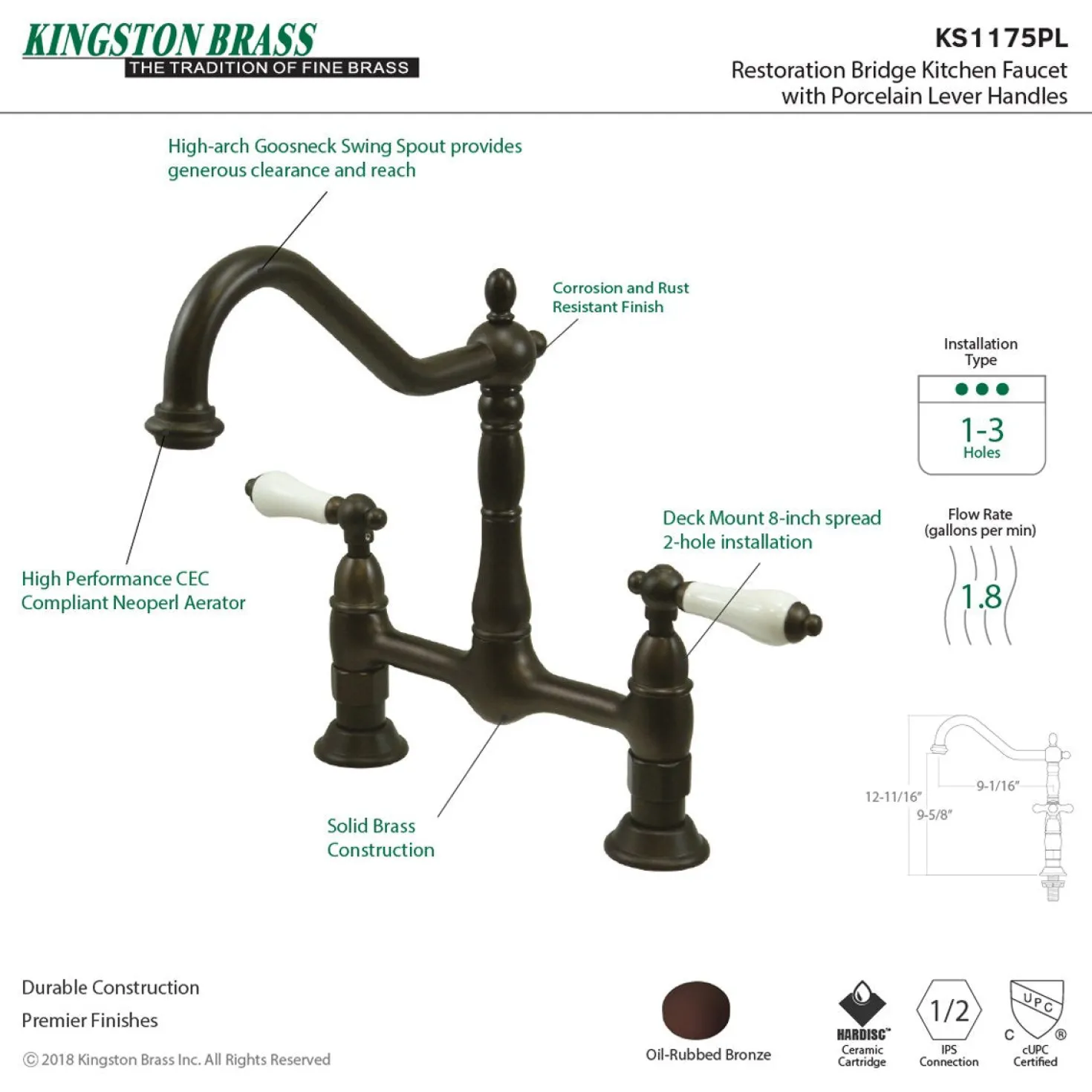 Kingston Brass Heritage Deck Mount Kitchen Bridge Faucet