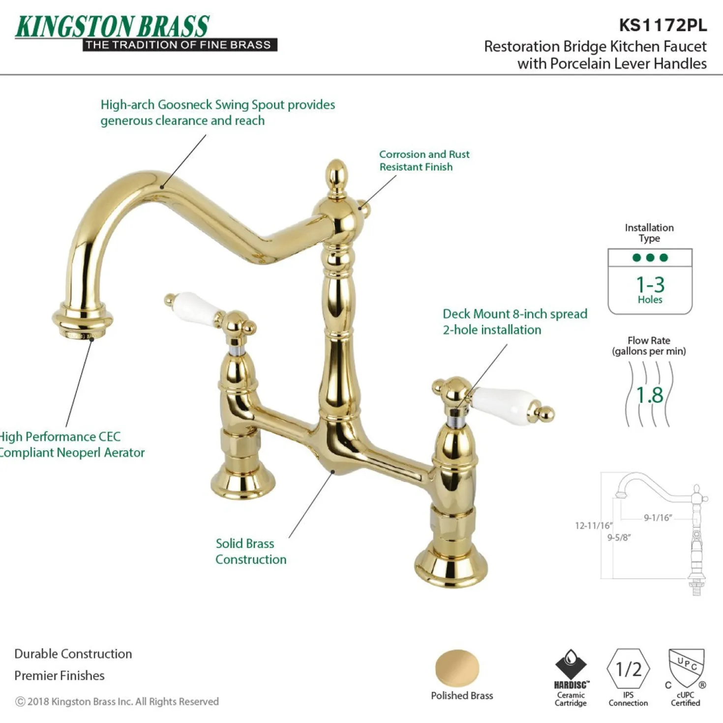 Kingston Brass Heritage Deck Mount Kitchen Bridge Faucet