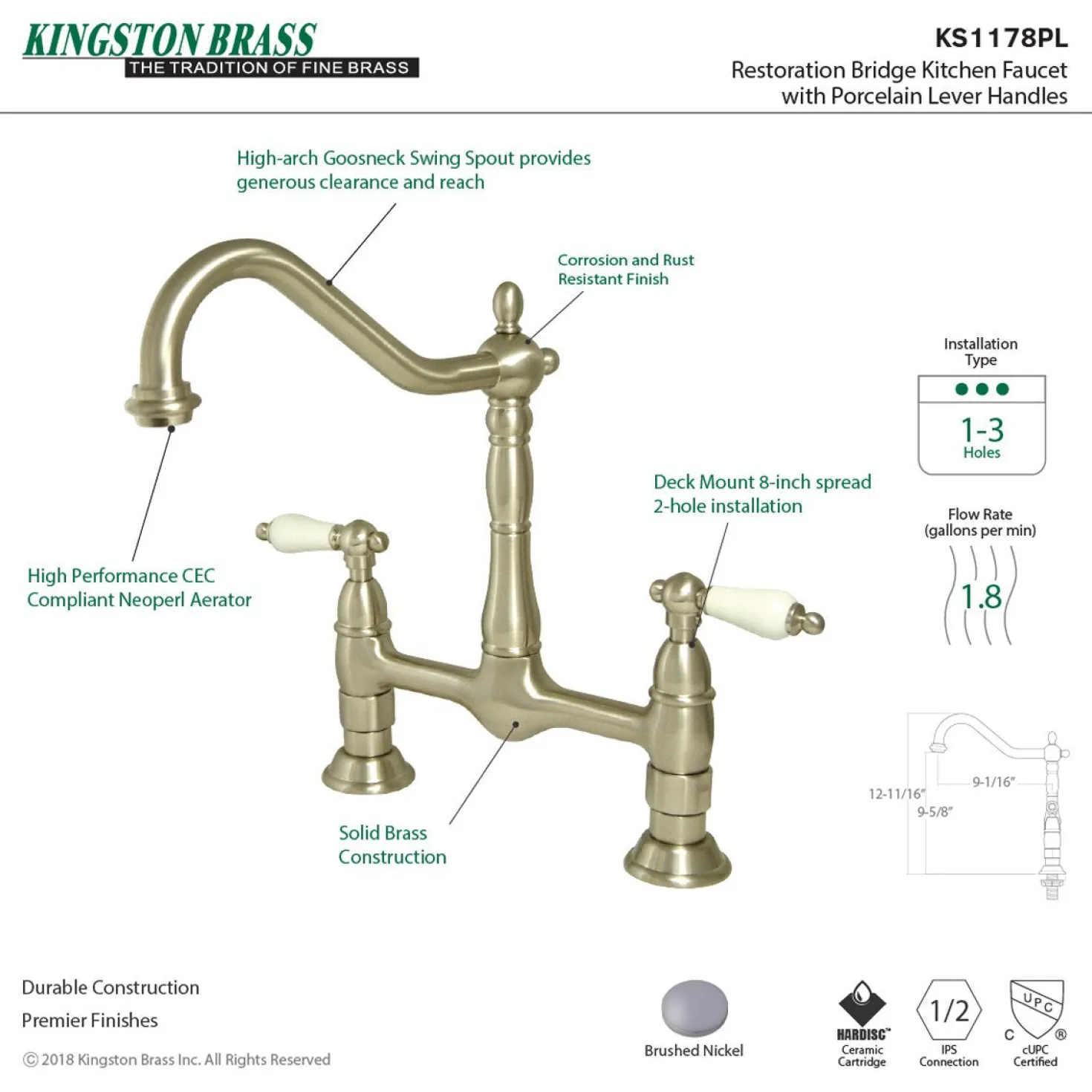 Kingston Brass Heritage Deck Mount Kitchen Bridge Faucet