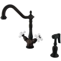 Kingston Brass Heritage Deck Mount 2-Handle Kitchen Faucet with Brass Sprayer and 8-Inch Plate