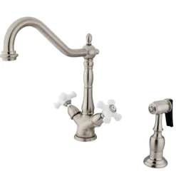 Kingston Brass Heritage Deck Mount 2-Handle Kitchen Faucet with Brass Sprayer and 8-Inch Plate