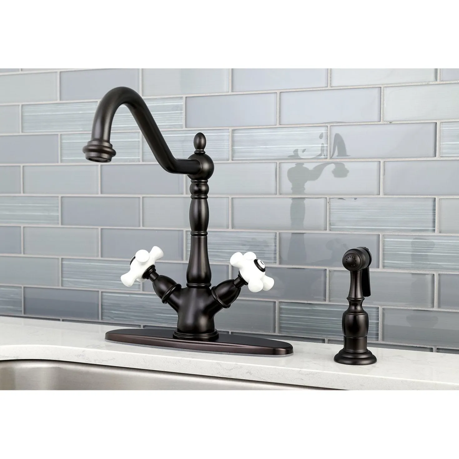 Kingston Brass Heritage Deck Mount 2-Handle Kitchen Faucet with Brass Sprayer and 8-Inch Plate