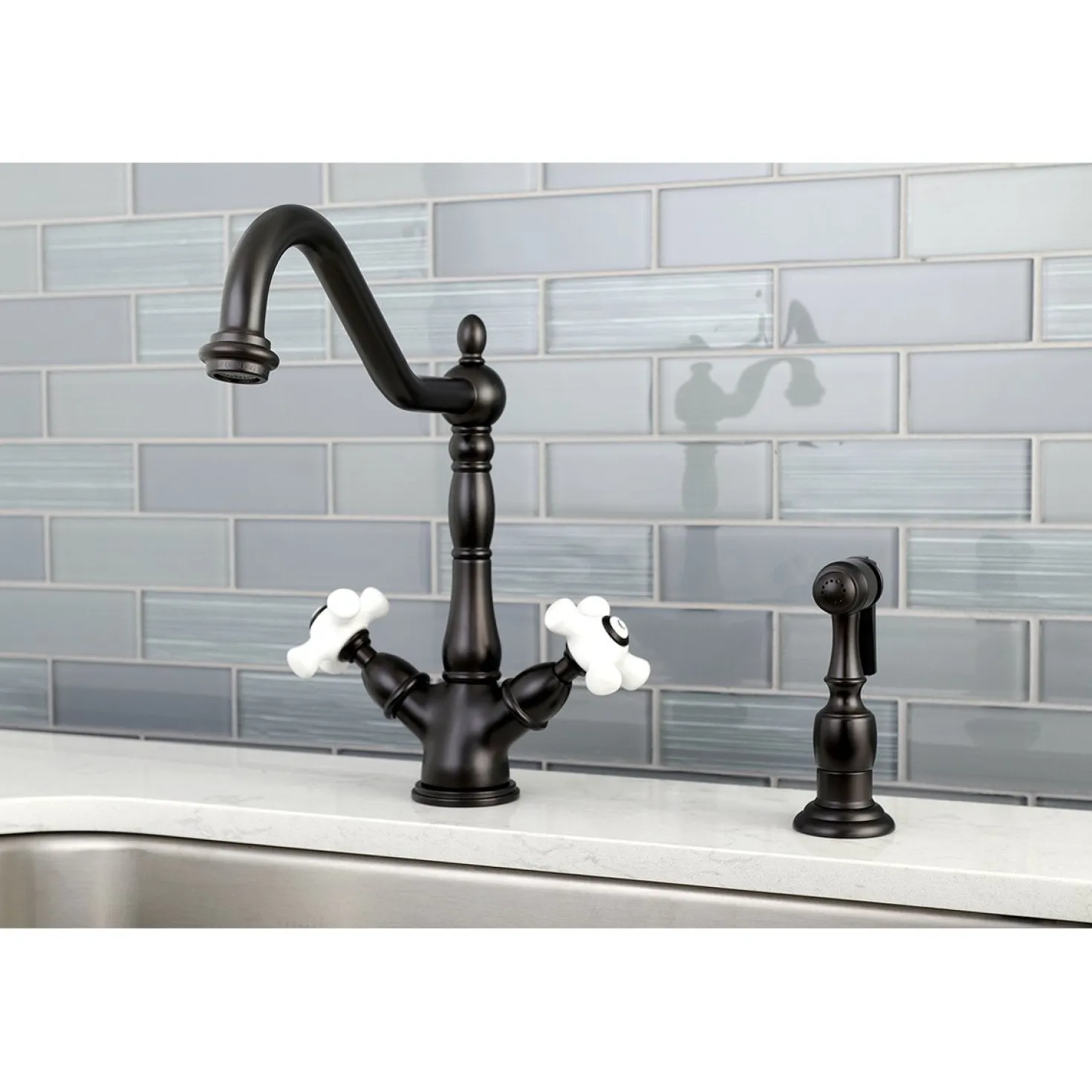 Kingston Brass Heritage Deck Mount 2-Handle Kitchen Faucet with Brass Sprayer and 8-Inch Plate