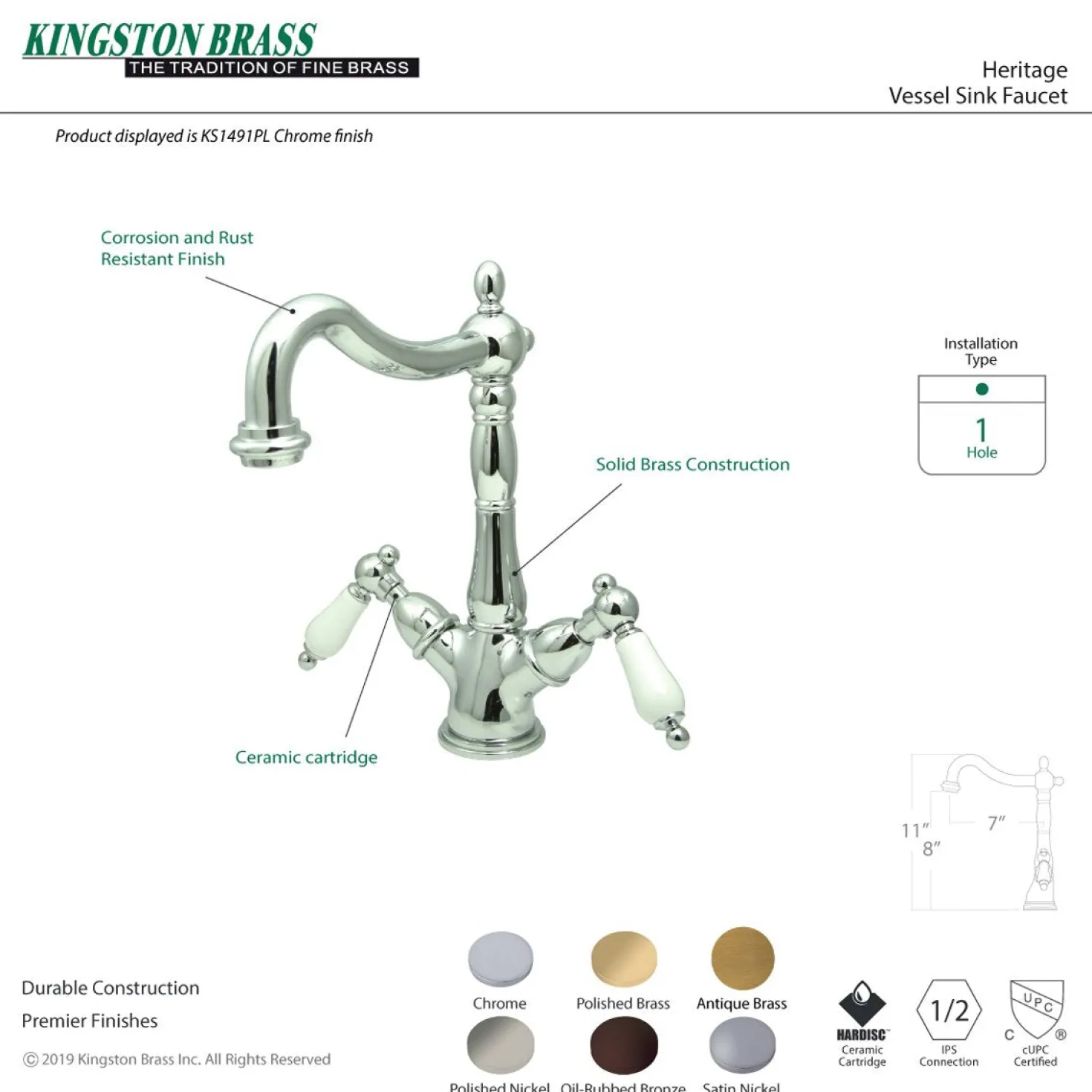 Kingston Brass Heritage Deck Mount 2-Handle Vessel Sink Faucet