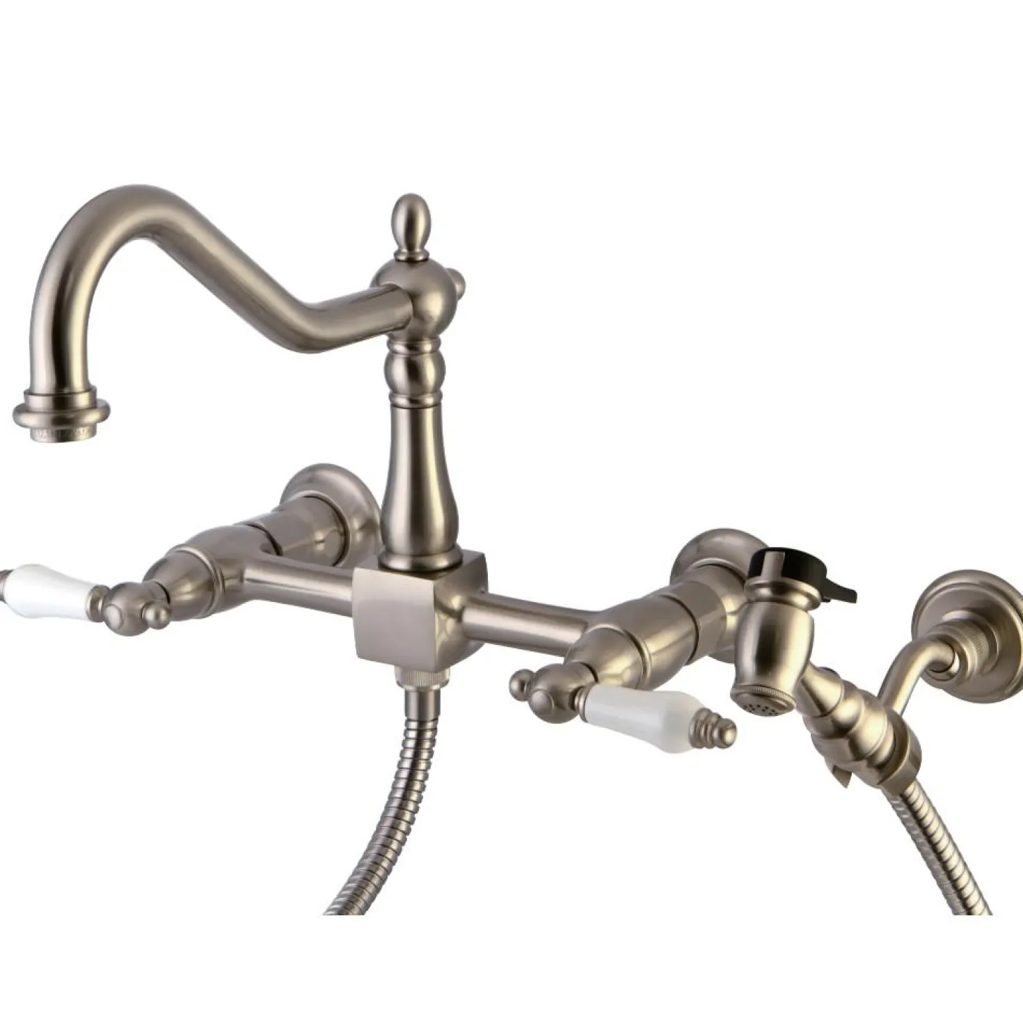 Kingston Brass Heritage 3-Hole 8-Inch Wall Mount Kitchen Faucet with Brass Sprayer