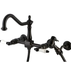 Kingston Brass Heritage 3-Hole 8-Inch Wall Mount Kitchen Faucet with Brass Sprayer