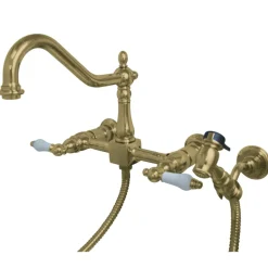 Kingston Brass Heritage 3-Hole 8-Inch Wall Mount Kitchen Faucet with Brass Sprayer