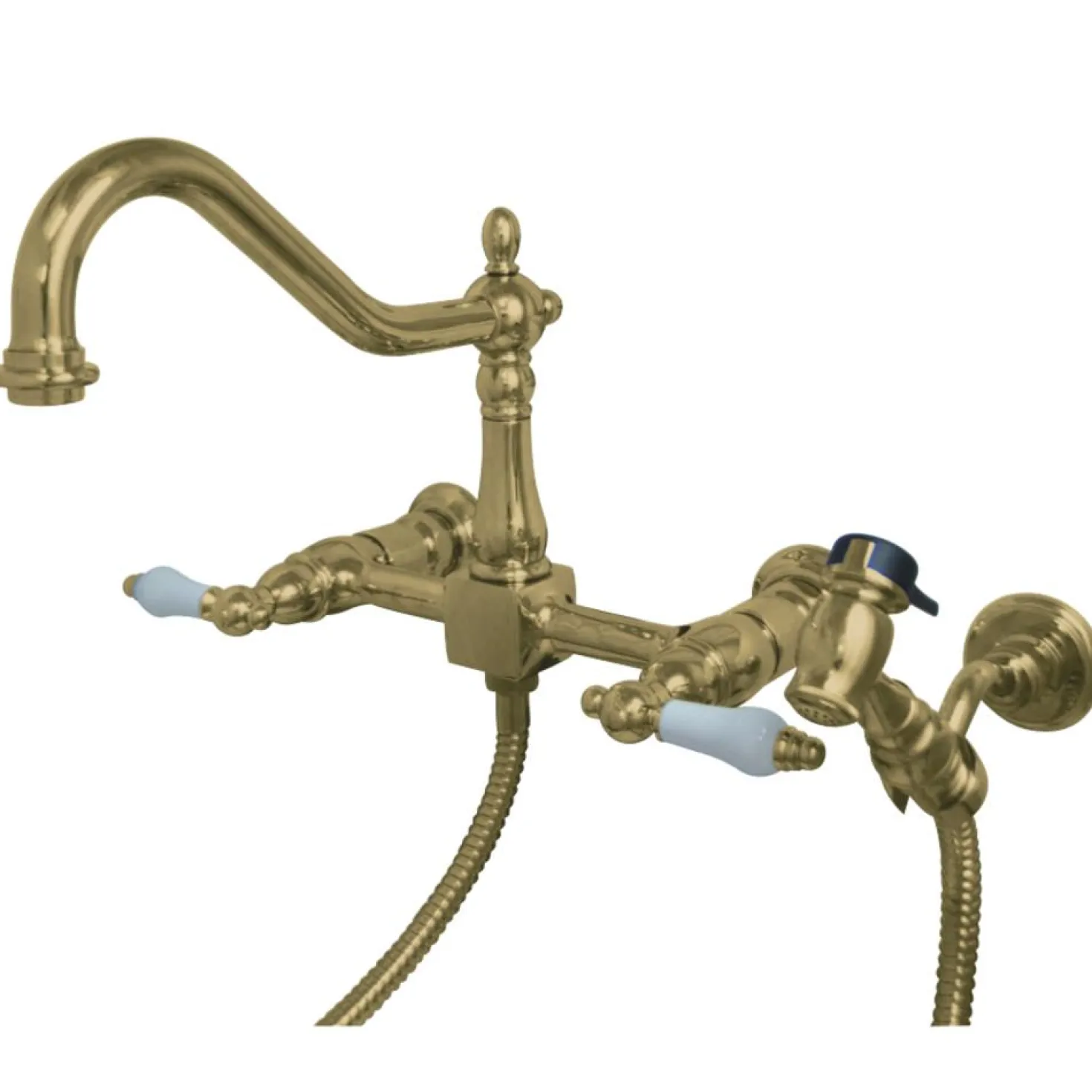 Kingston Brass Heritage 3-Hole 8-Inch Wall Mount Kitchen Faucet with Brass Sprayer