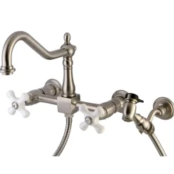 Kingston Brass Heritage 3-Hole 8" Wall Mount Kitchen Faucet with Brass Sprayer