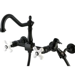 Kingston Brass Heritage 3-Hole 8" Wall Mount Kitchen Faucet with Brass Sprayer