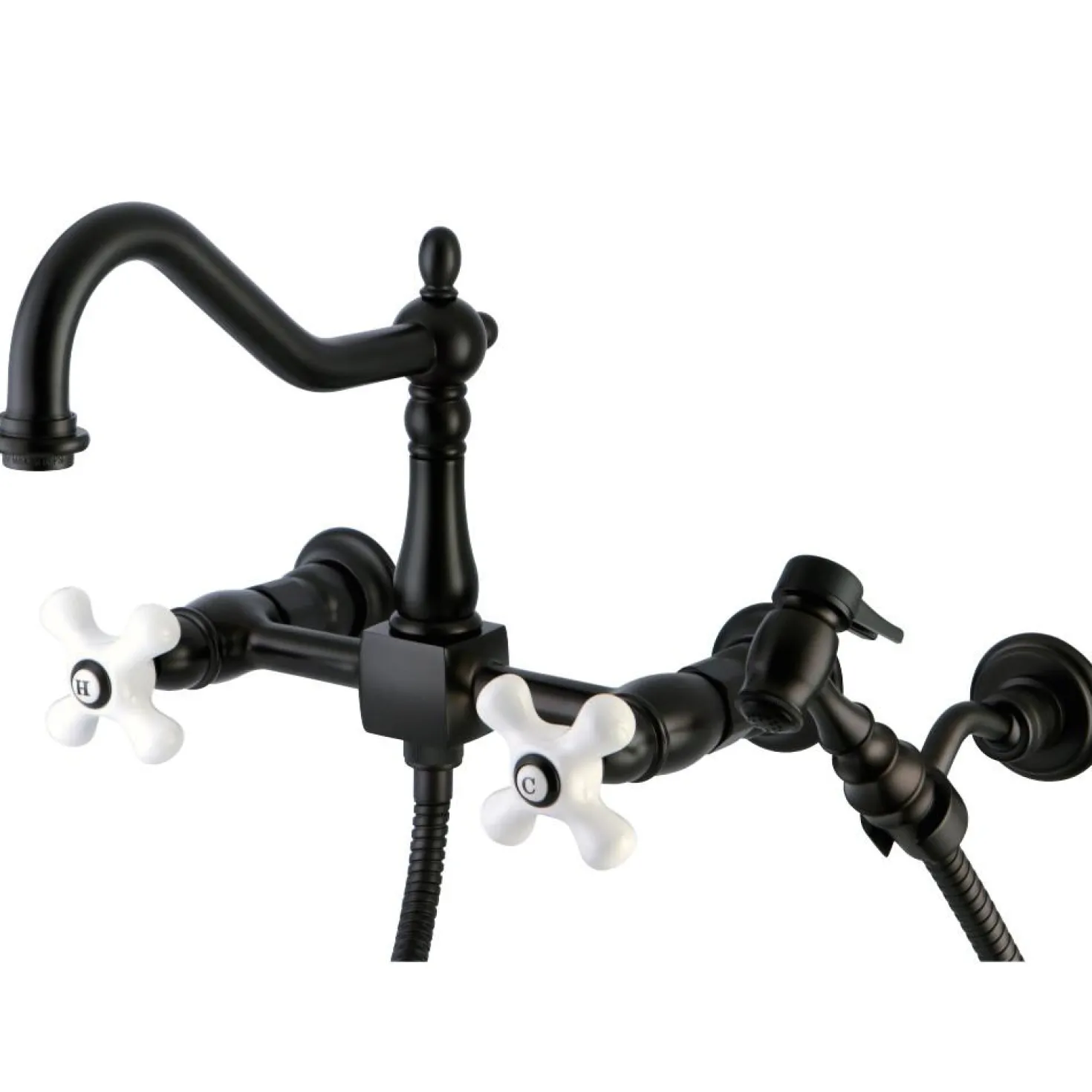 Kingston Brass Heritage 3-Hole 8" Wall Mount Kitchen Faucet with Brass Sprayer