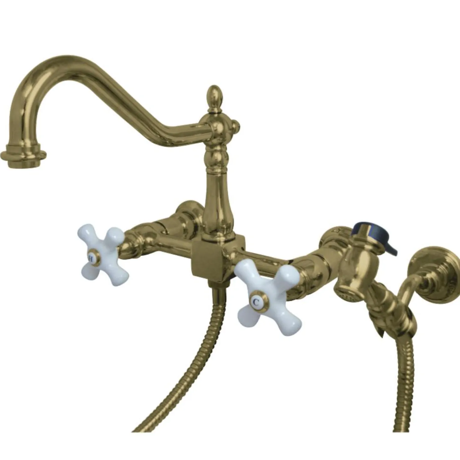 Kingston Brass Heritage 3-Hole 8" Wall Mount Kitchen Faucet with Brass Sprayer