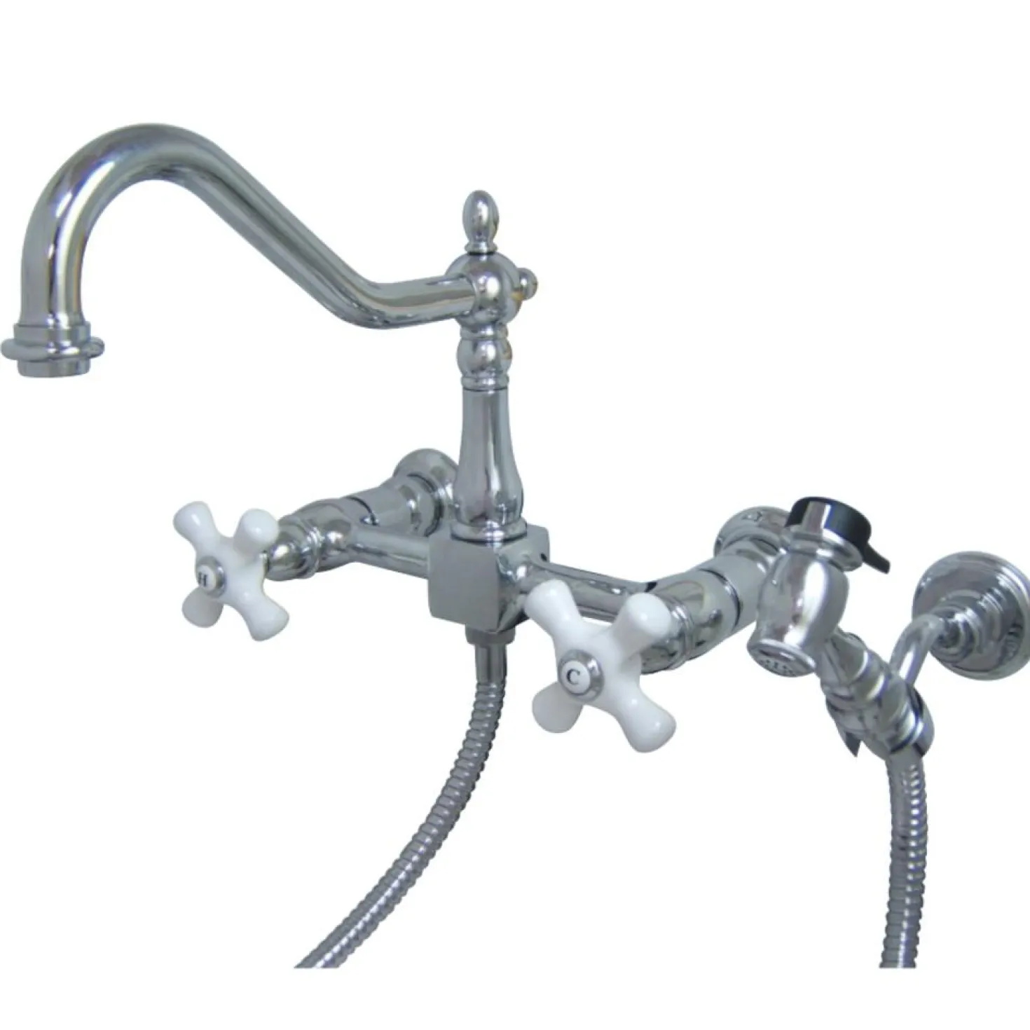 Kingston Brass Heritage 3-Hole 8" Wall Mount Kitchen Faucet with Brass Sprayer