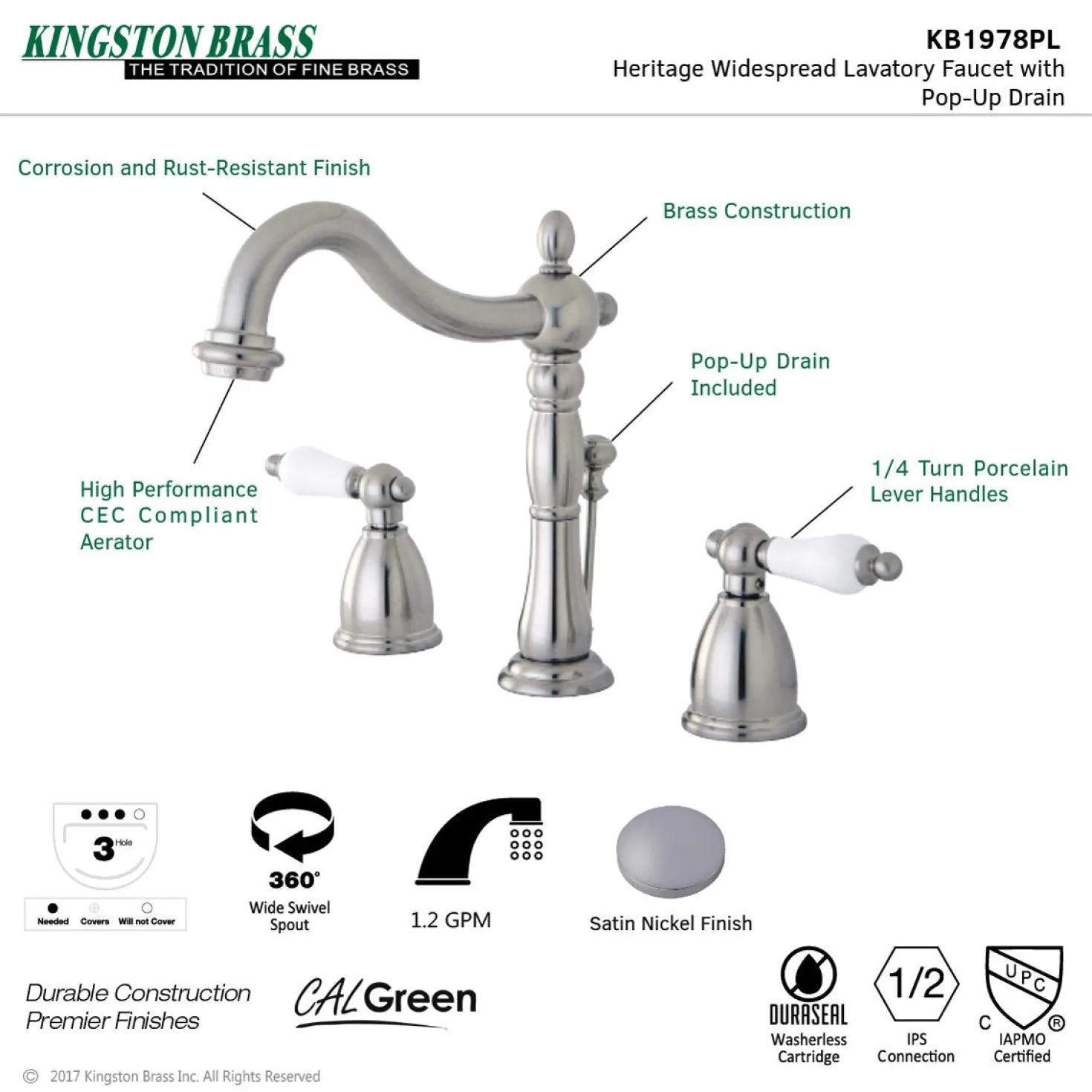 Kingston Brass Heritage 3-Hole 8-Inch Widespread Bathroom Faucet