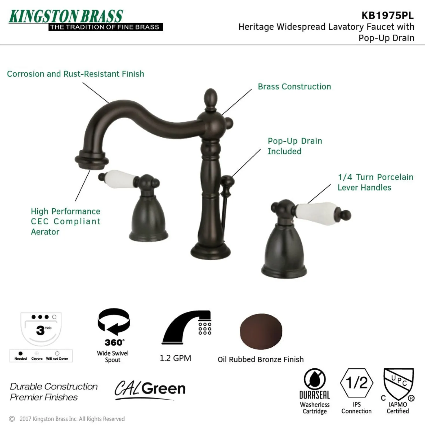 Kingston Brass Heritage 3-Hole 8-Inch Widespread Bathroom Faucet