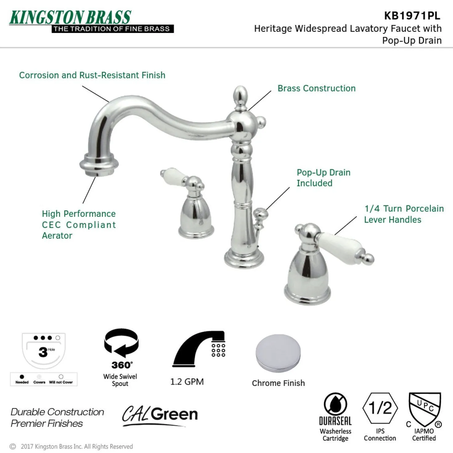 Kingston Brass Heritage 3-Hole 8-Inch Widespread Bathroom Faucet