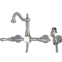 Kingston Brass Heritage 8-Inch Centerset Wall Mount Kitchen Faucet with Brass Sprayer
