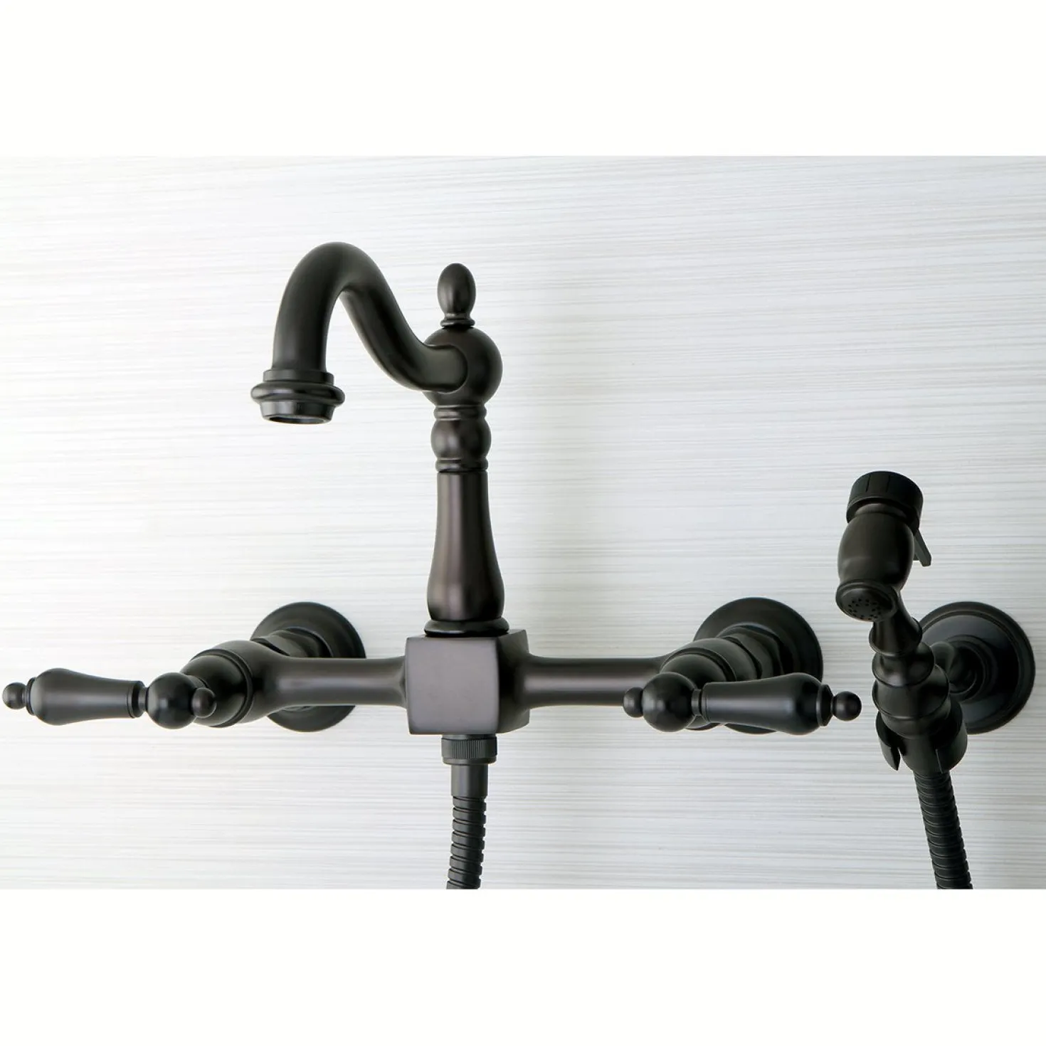 Kingston Brass Heritage 8-Inch Centerset Wall Mount Kitchen Faucet with Brass Sprayer