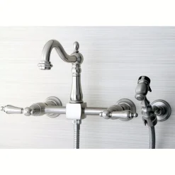 Kingston Brass Heritage 8-Inch Centerset Wall Mount Kitchen Faucet with Brass Sprayer