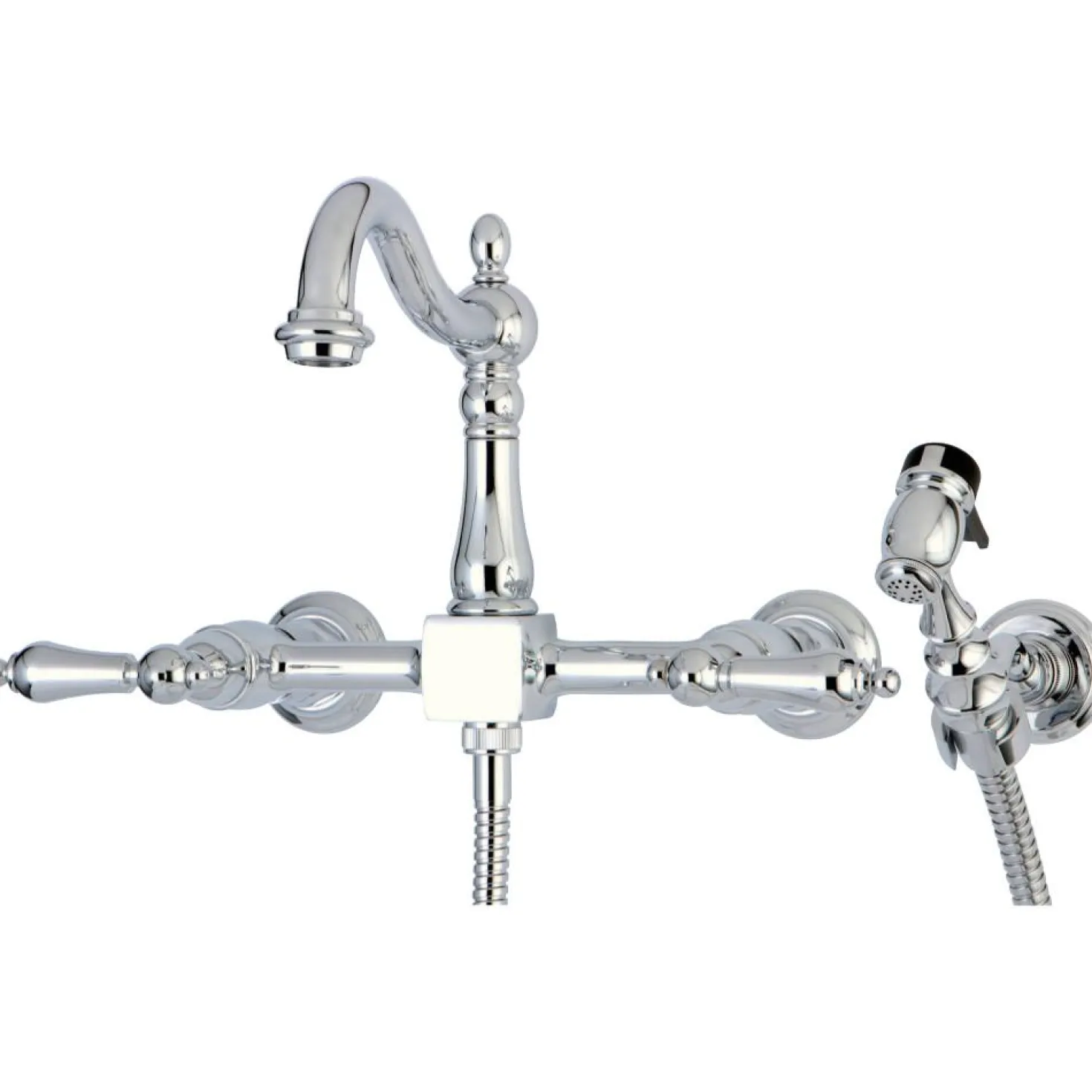 Kingston Brass Heritage 8-Inch Centerset Wall Mount Kitchen Faucet with Brass Sprayer