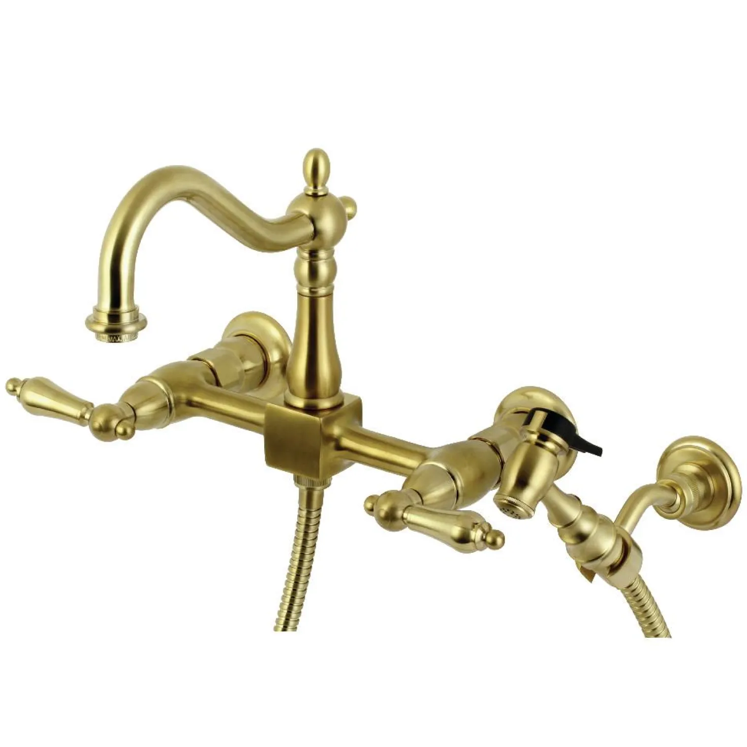 Kingston Brass Heritage 8-Inch Centerset Wall Mount Kitchen Faucet with Brass Sprayer