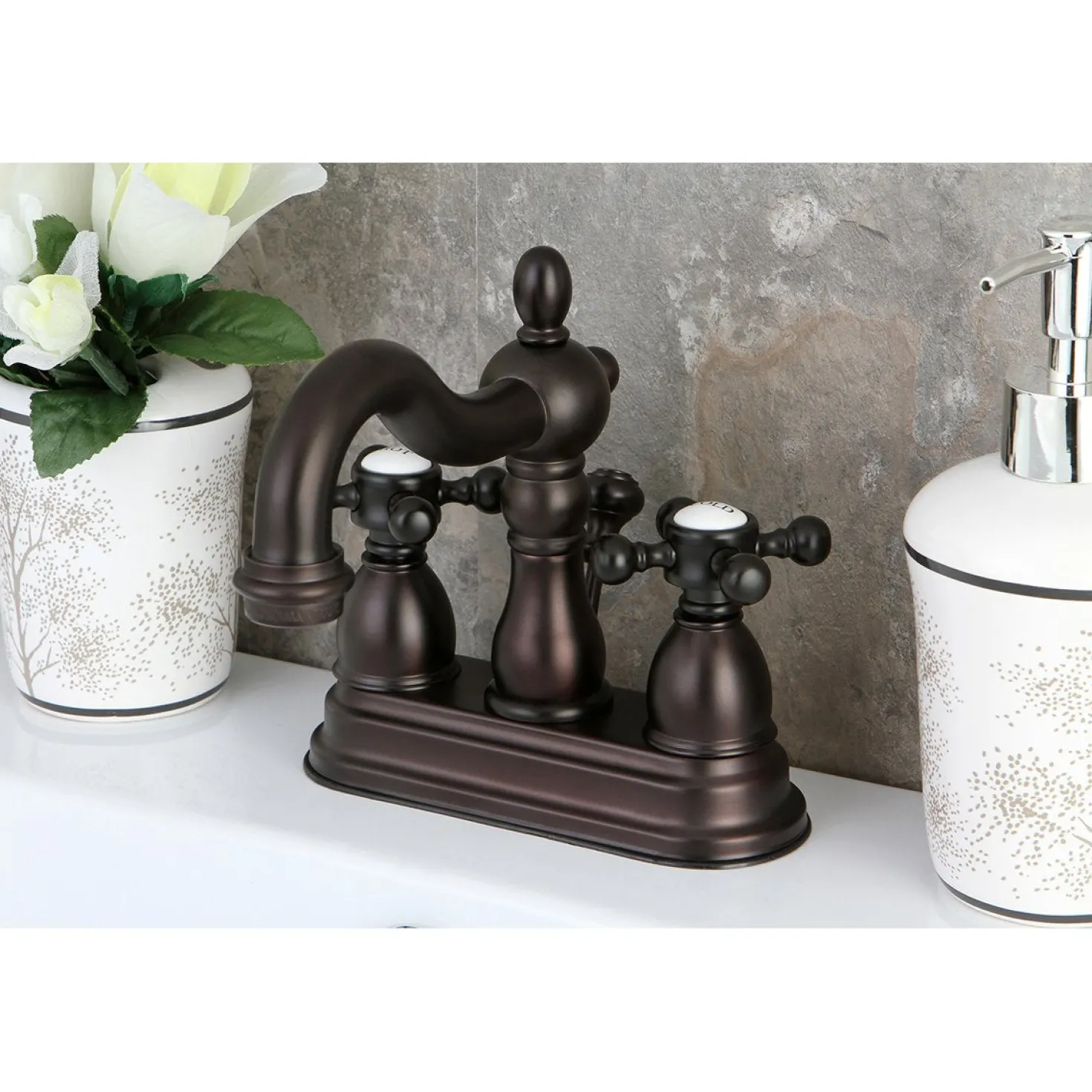 Kingston Brass Heritage 4-Inch Centerset Deck Mount Bathroom Faucet